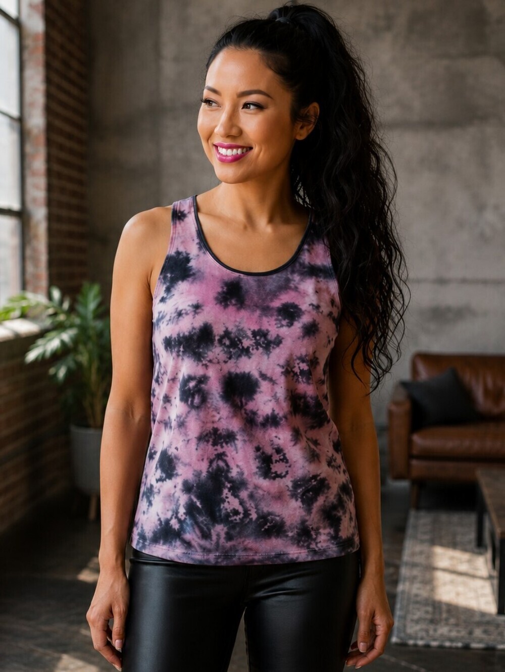Rock & Republic Black and Pink Tie dye Fitted Tank Top